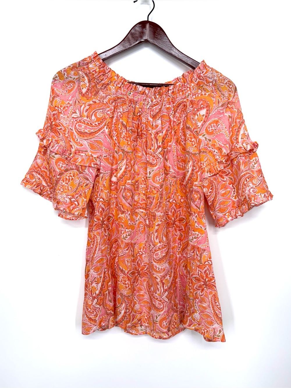 Nanette Lepore Orange Pink Paisley Ruffle Sleeve Off The Shoulder Summer Blouse